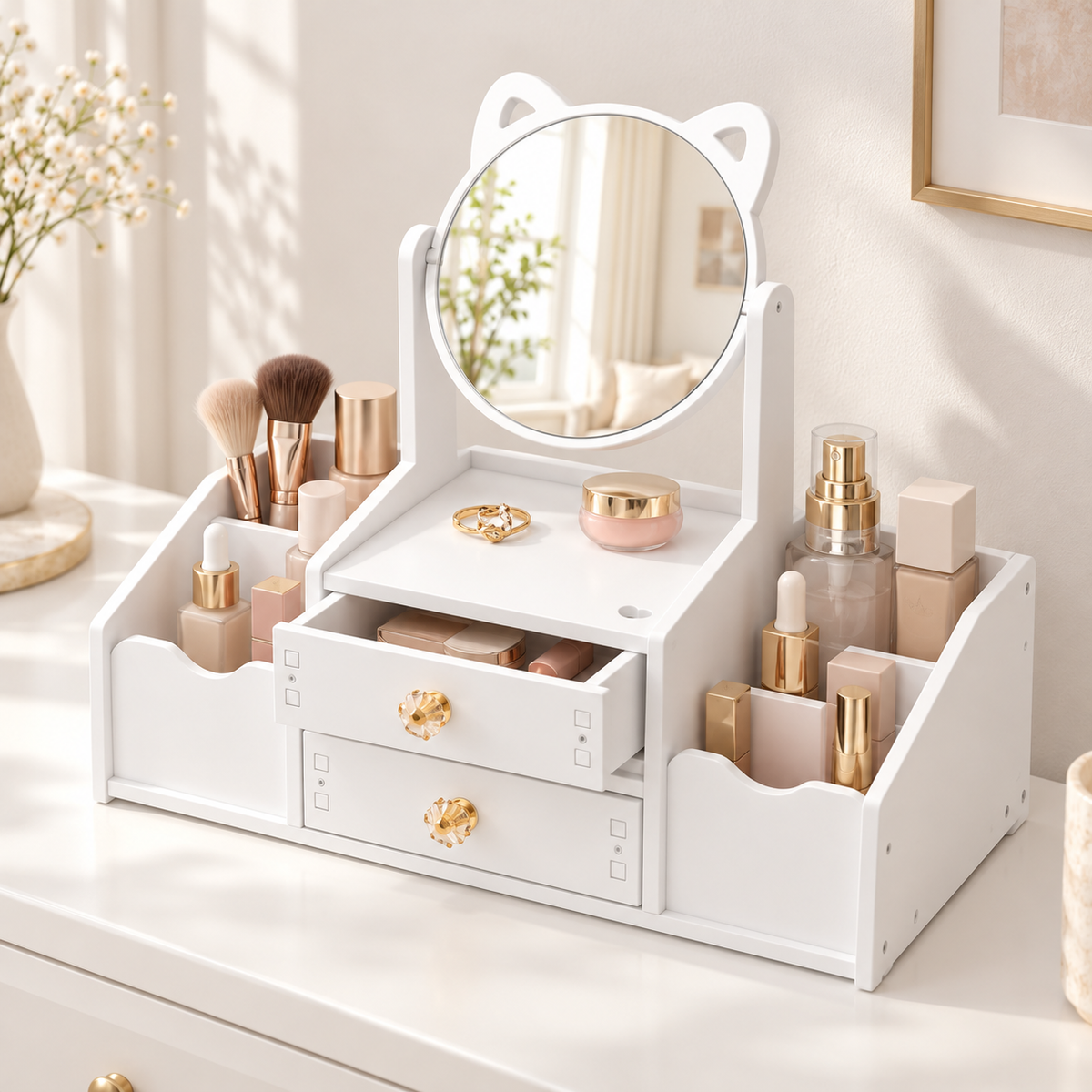 Organizador de maquillaje sobre un tocador con cosméticos de ambientación; recreación digital.