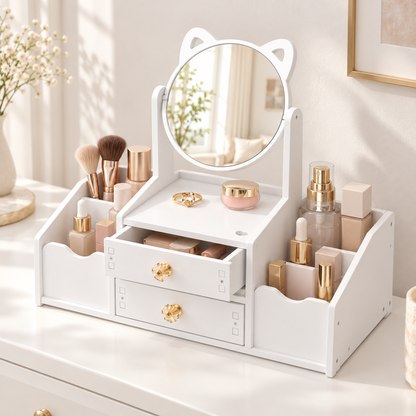 Organizador de maquillaje sobre un tocador con cosméticos de ambientación; recreación digital.